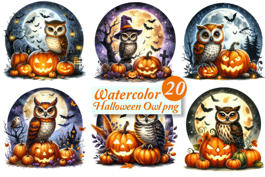 20 Watercolor Halloween Owl PNG Bundle Cute Spooky Owl Pumpkin Clipart