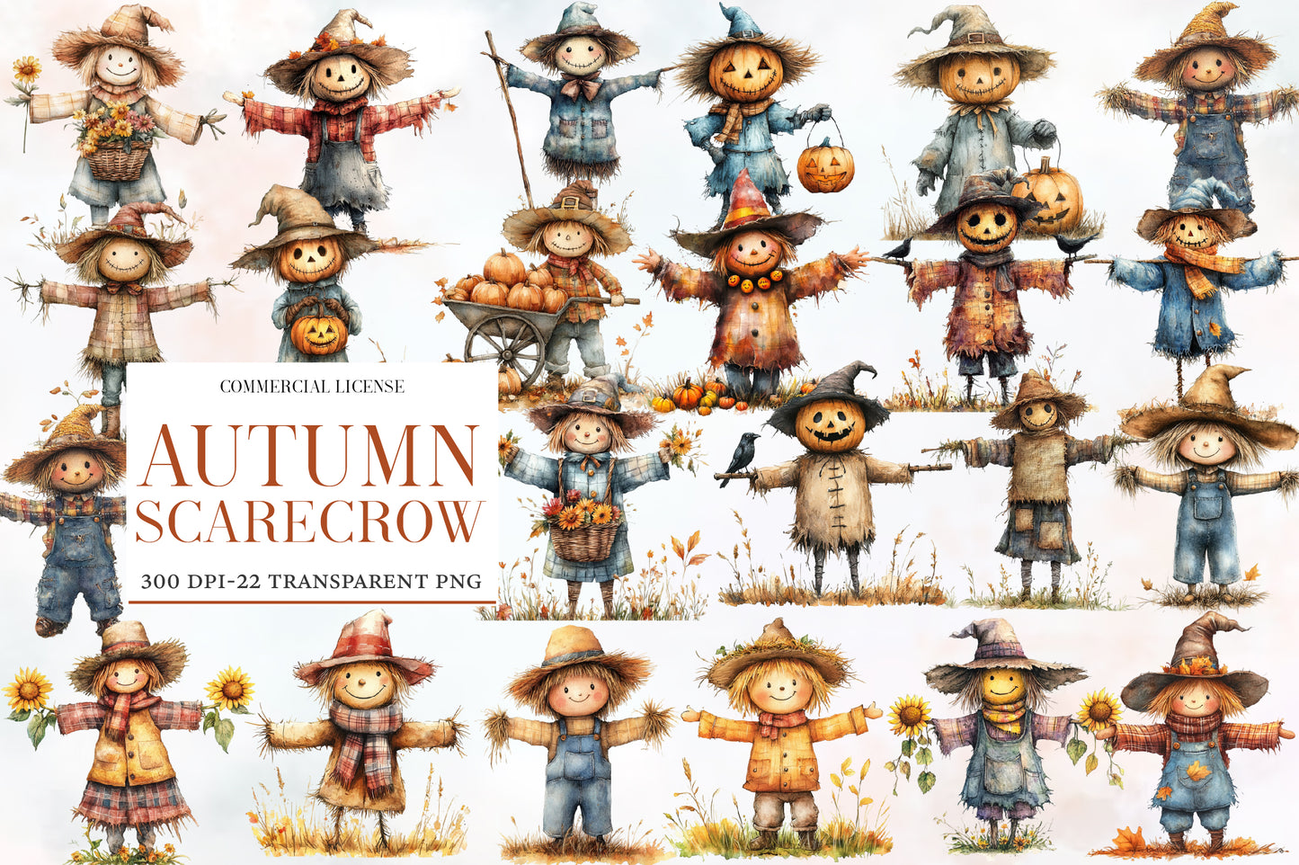 Autumn Scarecrow Watercolor Clipart PNG Bundle | Fall Scarecrow Clipart | Rustic Autumn Sublimation PNG