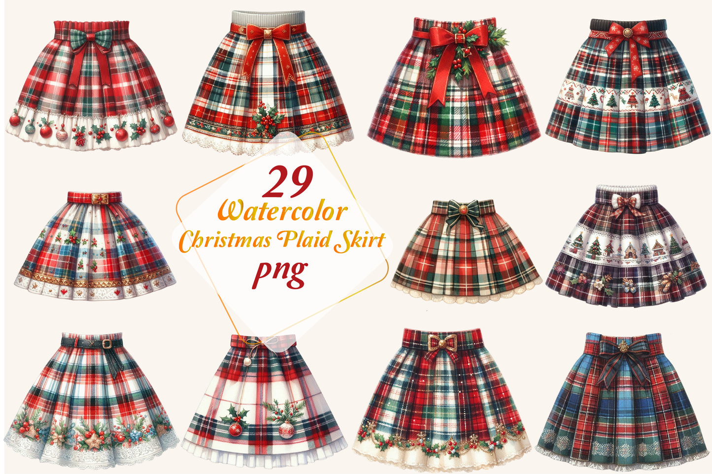 29 Watercolor Christmas Plaid Skirt PNG Bundle Tartan Holiday
