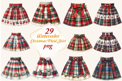 29 Watercolor Christmas Plaid Skirt PNG Bundle Tartan Holiday
