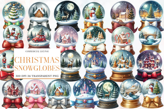 Christmas Snowglobes Clipart PNG Bundle | Watercolor Christmas Snow Globe Clipart | Cute Winter Holiday Sublimation PNG