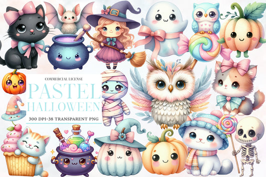 Pastel Halloween Clipart PNG Bundle | Cute Cat, Owl, Ghost, Witch & Pumpkin