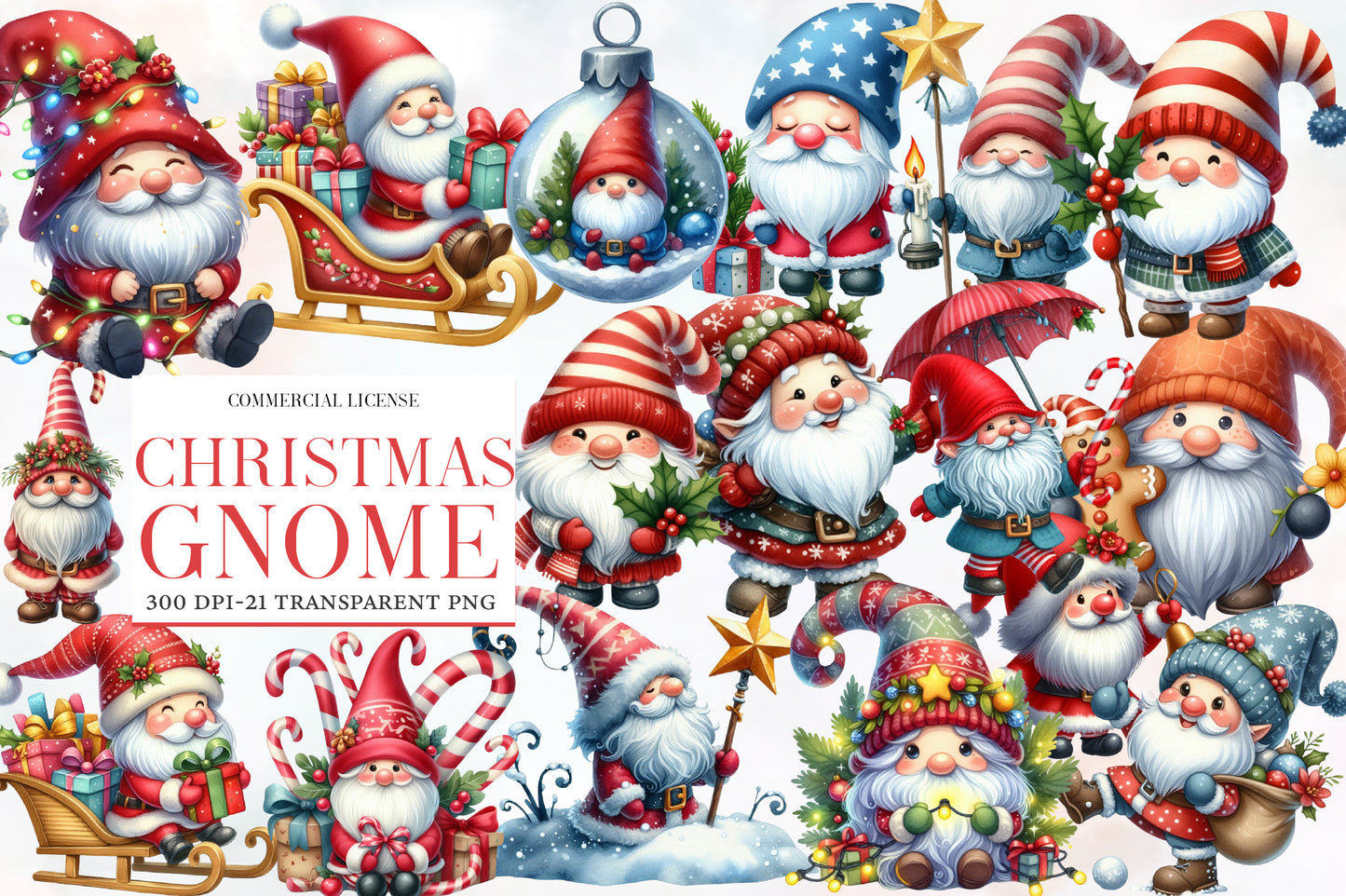 Christmas Gnome Clipart PNG Bundle | Cute Santa Gnomes, Nordic Gnomes, Christmas Gifts, Candy Canes & Holiday Decorations