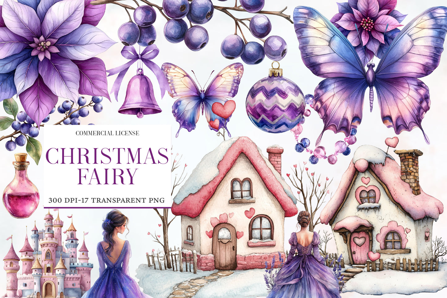 Christmas Fairy Clip Art PNG Bundle | Watercolor Magical Christmas Fairy Clipart | Holiday Fairy Sublimation PNG