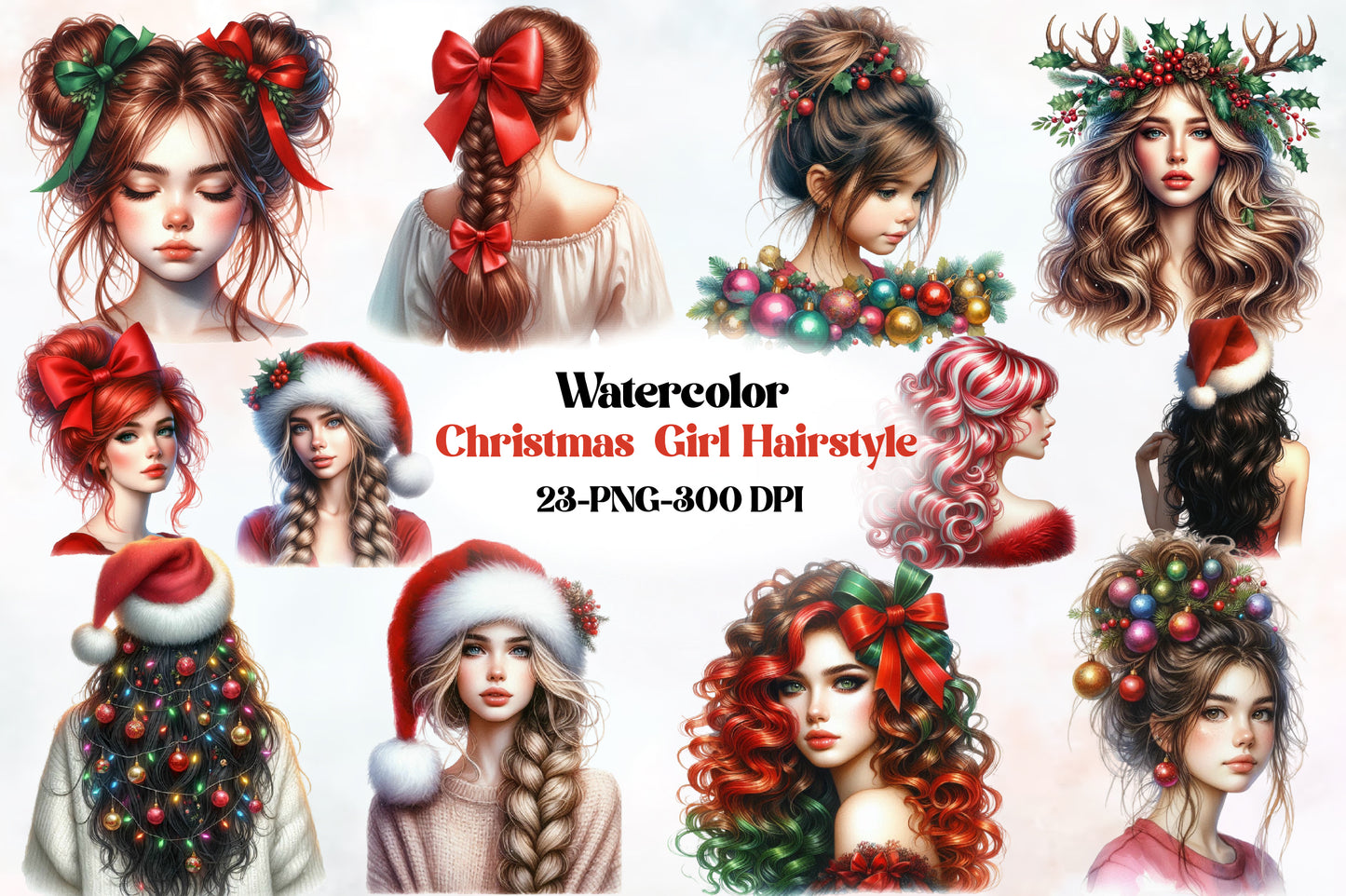Christmas Girl Hairstyle PNG Clipart Bundle | Watercolor Christmas Women, Santa Hat, Bows & Festive Hair Designs