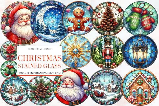 Christmas Round Stained Glass Clipart PNG Bundle | Watercolor Stained Glass Christmas Clipart | Round Holiday Sublimation PNG