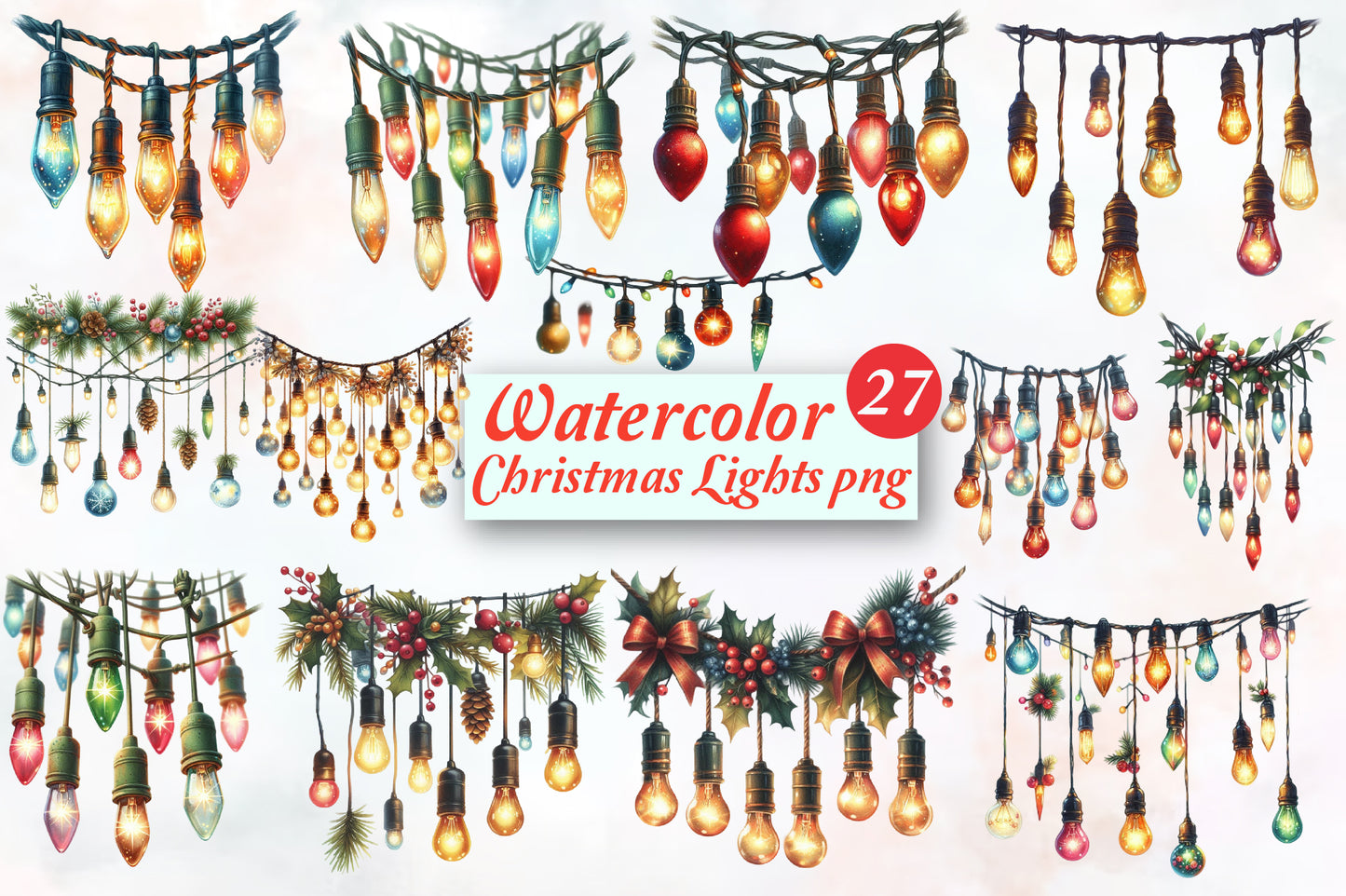 27 Christmas Lights PNG Watercolor Clipart Bundle Holiday Light Set
