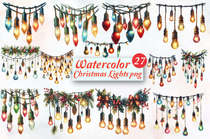 27 Christmas Lights PNG Watercolor Clipart Bundle Holiday Light Set