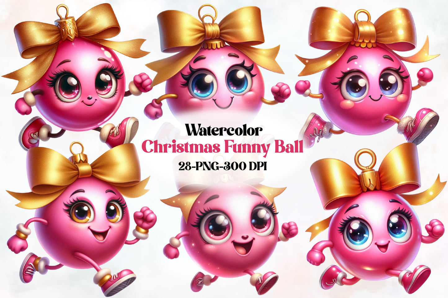 28 Christmas Funny Ball PNG Clipart Bundle Watercolor Cute Holiday Ornament