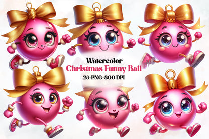 28 Christmas Funny Ball PNG Clipart Bundle Watercolor Cute Holiday Ornament