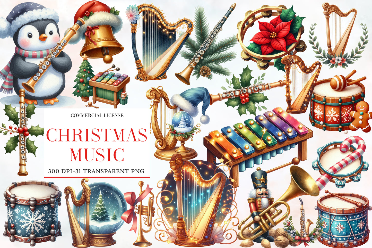 Christmas Music Clipart PNG Bundle | Watercolor Festive Christmas Music Clipart | Holiday Musical Sublimation PNG
