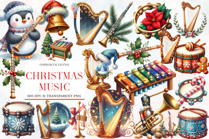Christmas Music Clipart PNG Bundle | Watercolor Festive Christmas Music Clipart | Holiday Musical Sublimation PNG