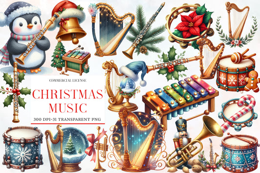 Christmas Music Clipart PNG Bundle | Watercolor Festive Christmas Music Clipart | Holiday Musical Sublimation PNG