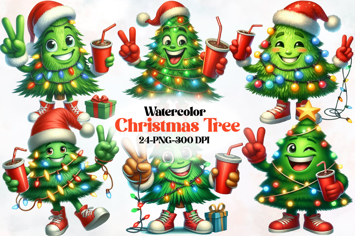 Watercolor Christmas Tree Clipart PNG Bundle | Cute Christmas Tree Holiday Designs