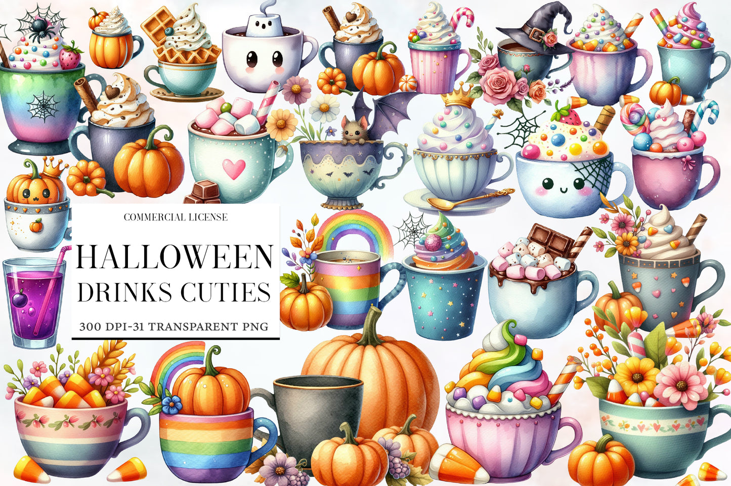 Halloween Drinks Cuties Clipart PNG | Cute Halloween Coffee Cup, Pumpkin Latte & Hot Cocoa Clipart,
