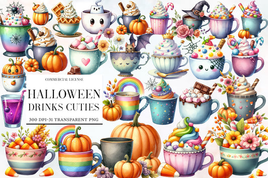 Halloween Drinks Cuties Clipart PNG | Cute Halloween Coffee Cup, Pumpkin Latte & Hot Cocoa Clipart,