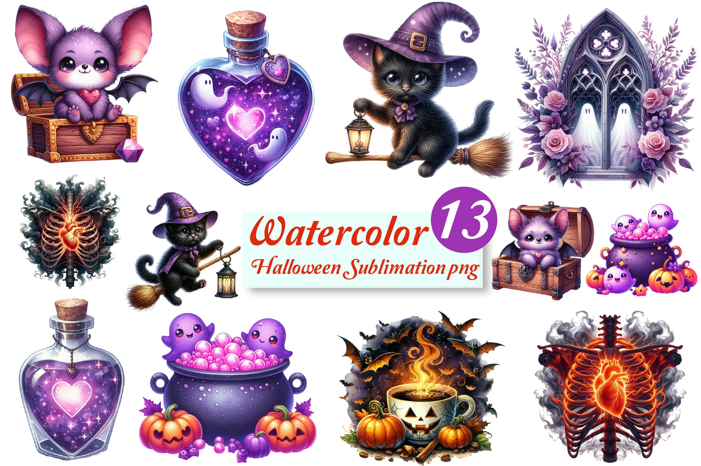 13 Watercolor Halloween Sublimation PNG Bundle Cute Witch Cat Spooky Clipart