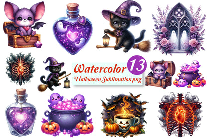 13 Watercolor Halloween Sublimation PNG Bundle Cute Witch Cat Spooky Clipart