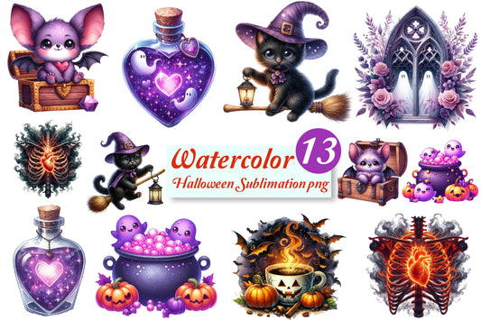 13 Watercolor Halloween Sublimation PNG Bundle Cute Witch Cat Spooky Clipart