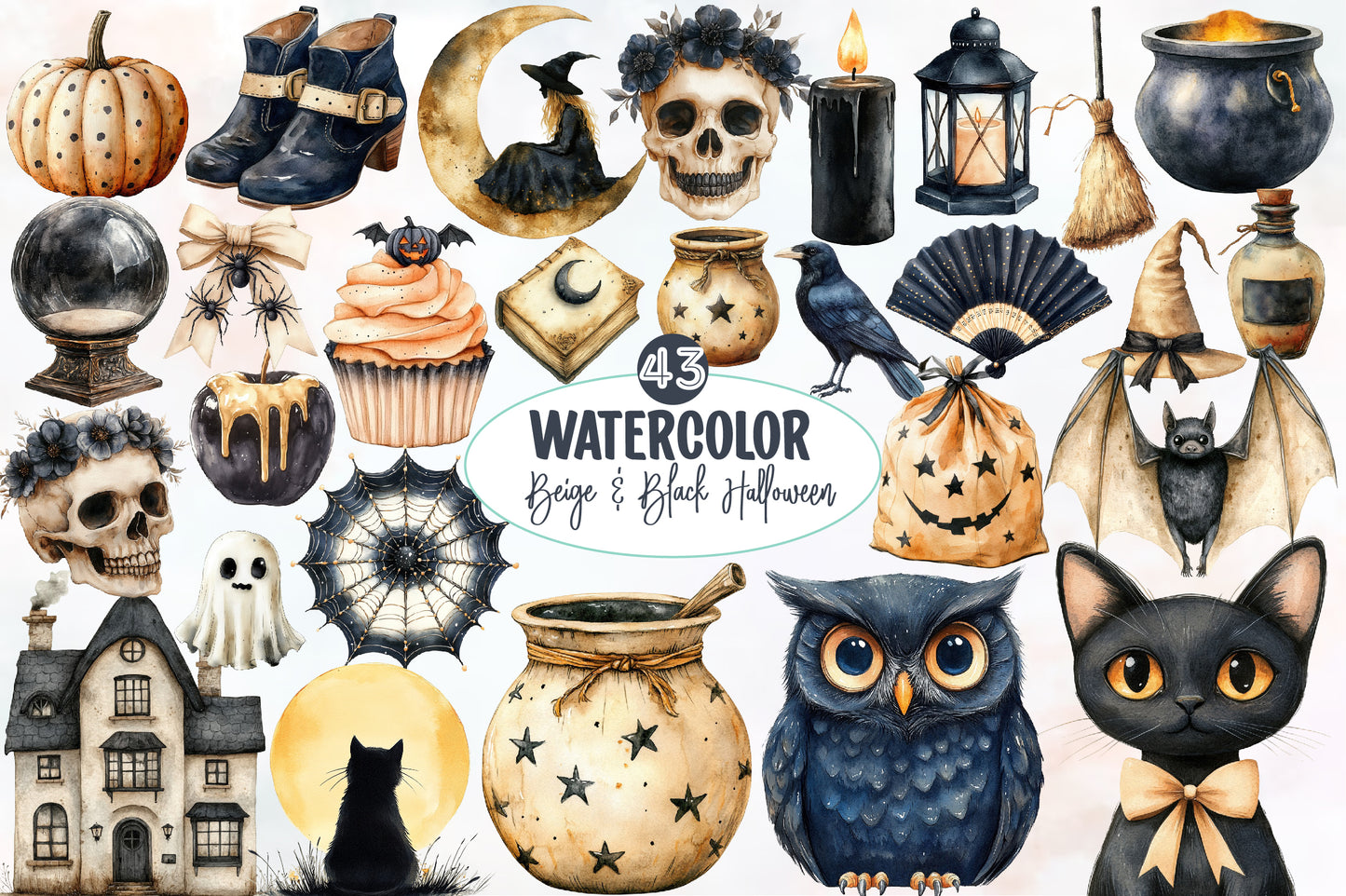 Watercolor Beige & Black Halloween Clipart Bundle Gothic Witchy PNG