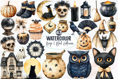 Watercolor Beige & Black Halloween Clipart Bundle Gothic Witchy PNG