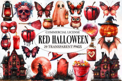Red Halloween Watercolor Clipart PNG Bundle | Red Halloween Clipart | Red Halloween Sublimation PNG