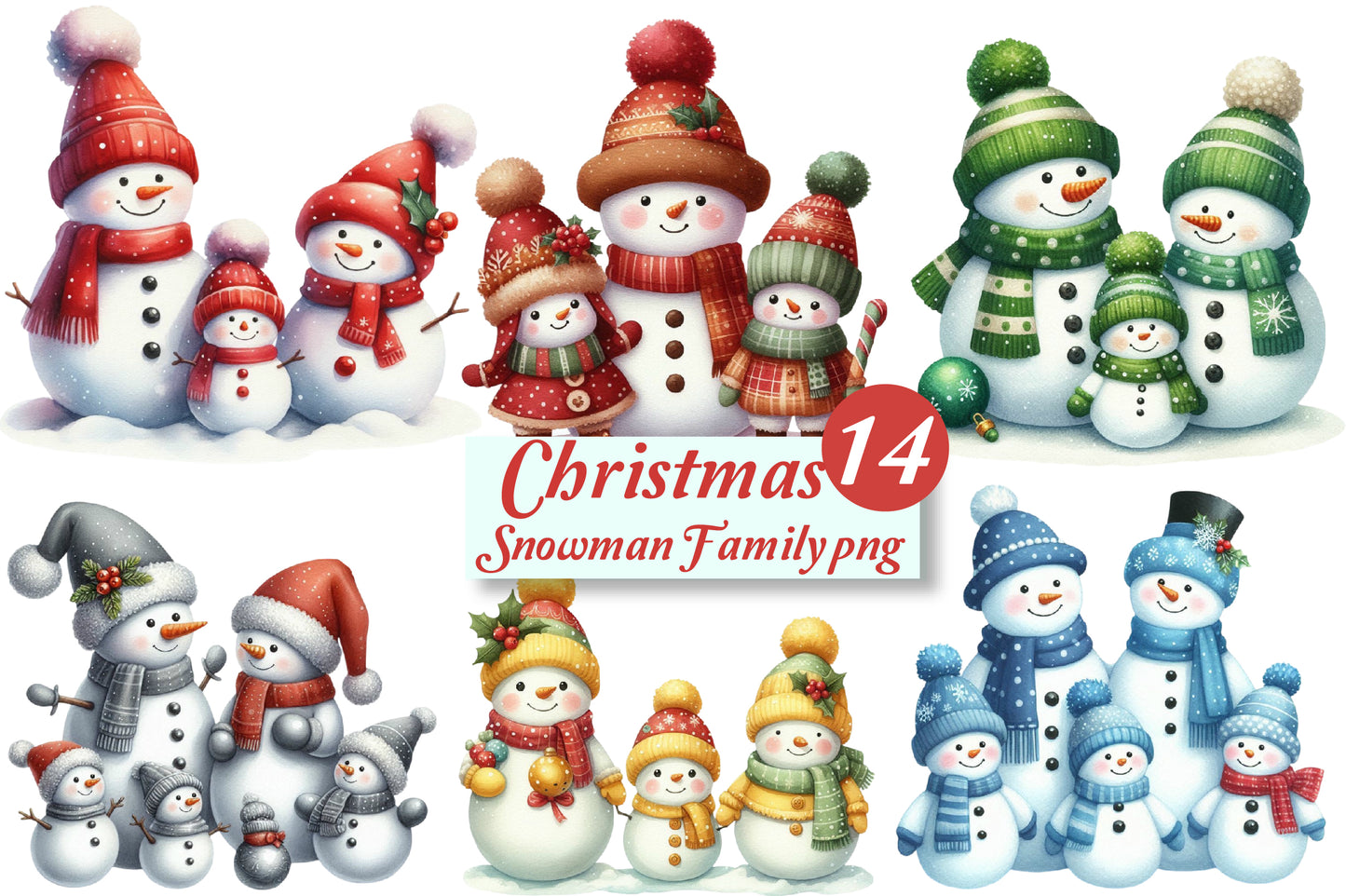 Christmas Snowman Family PNG Clipart Bundle | Watercolor Cute Snowman, Snow Family, Winter Holiday Designs