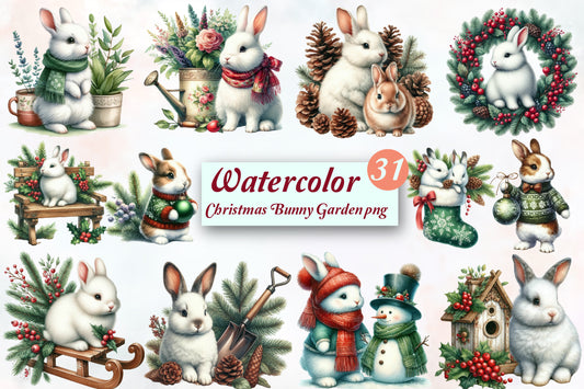 31 Christmas Bunny PNG Clipart Bundle Watercolor Rabbit Winter Garden Holiday