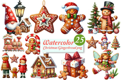 Christmas Gingerbread PNG Clipart Bundle | Watercolor Gingerbread Man, Cookies, Houses & Christmas Characters