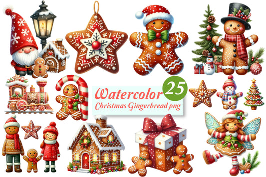 Christmas Gingerbread PNG Clipart Bundle | Watercolor Gingerbread Man, Cookies, Houses & Christmas Characters