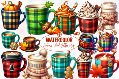 Watercolor Autumn Plaid Coffee Cup Clipart Bundle Cozy Fall PNG