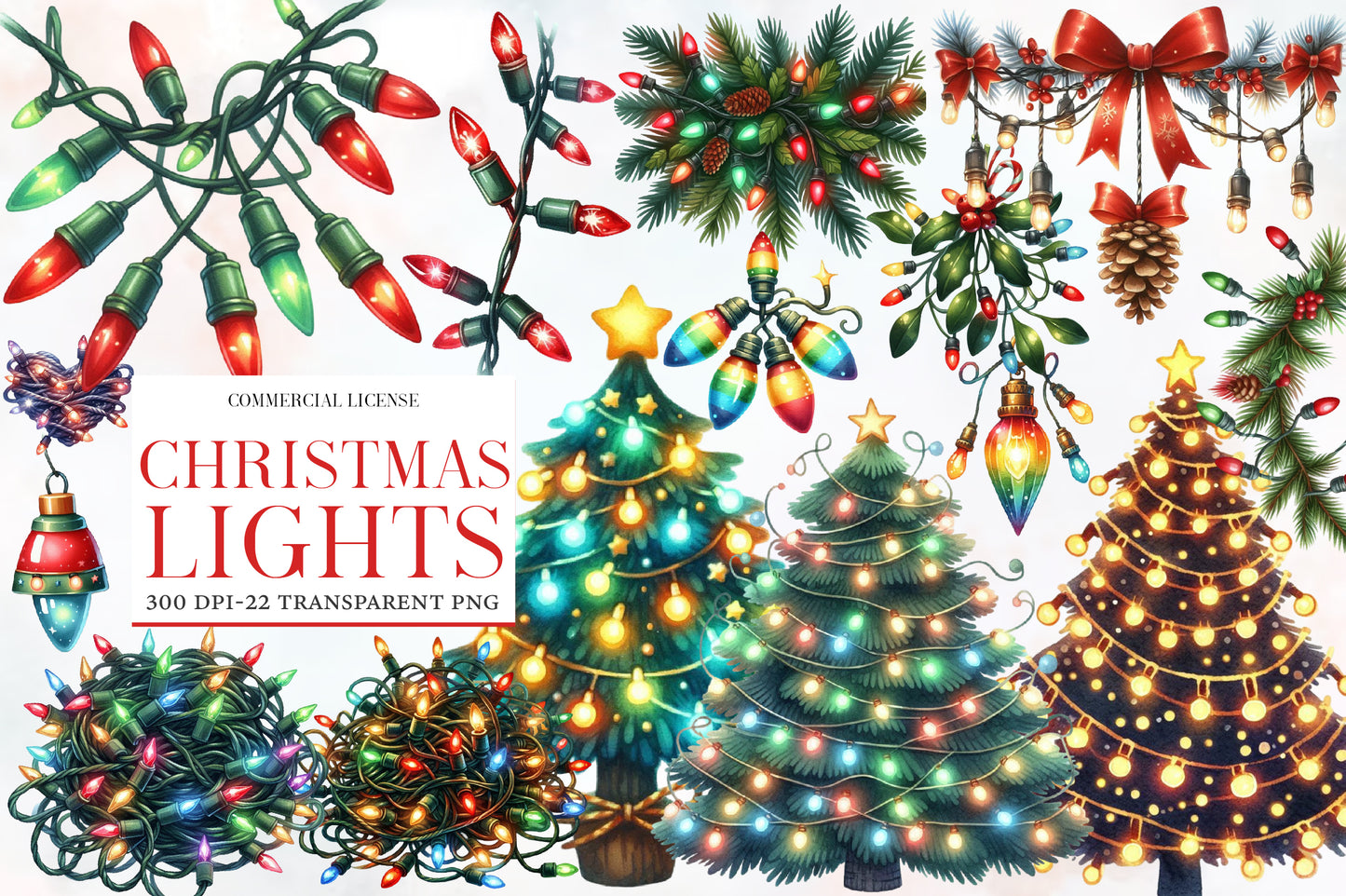 Christmas Lights Clipart PNG Bundle | Christmas Light Bulbs Watercolor Clipart | Holiday Lights Sublimation PNG