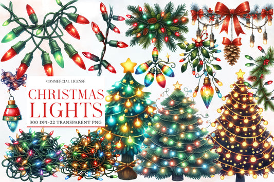Christmas Lights Clipart PNG Bundle | Christmas Light Bulbs Watercolor Clipart | Holiday Lights Sublimation PNG