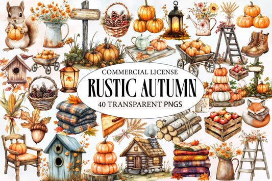 Watercolor Rustic Autumn Clipart PNG Bundle | Farmhouse Fall Pumpkin, Sunflower, Leaves & Harvest Clipart