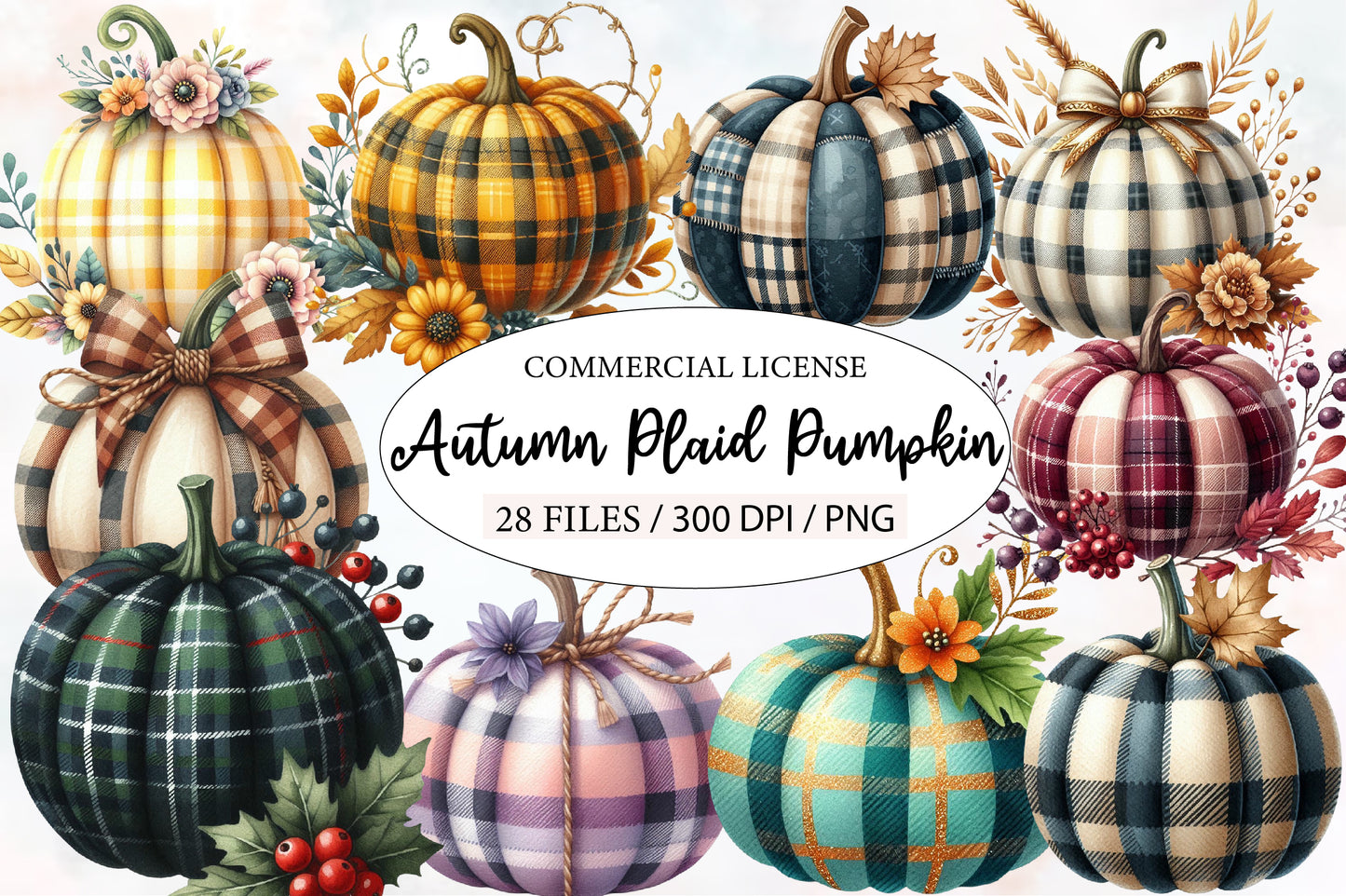 Autumn Plaid Pumpkin Sublimation Clipart PNG Bundle | Watercolor Cozy Fall Pumpkin Clipart | Rustic Harvest Plaid Pumpkin PNG