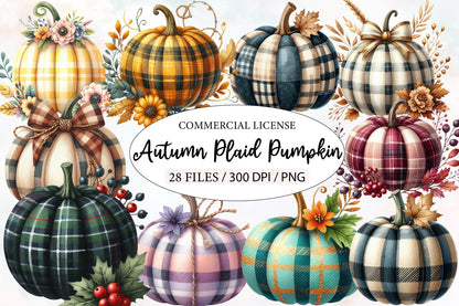 Autumn Plaid Pumpkin Sublimation Clipart PNG Bundle | Watercolor Cozy Fall Pumpkin Clipart | Rustic Harvest Plaid Pumpkin PNG