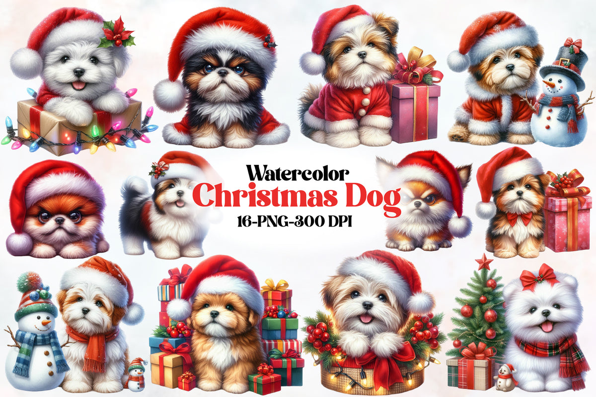 16 Christmas Dog PNG Clipart Bundle Watercolor Cute Holiday Puppy