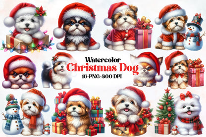 16 Christmas Dog PNG Clipart Bundle Watercolor Cute Holiday Puppy