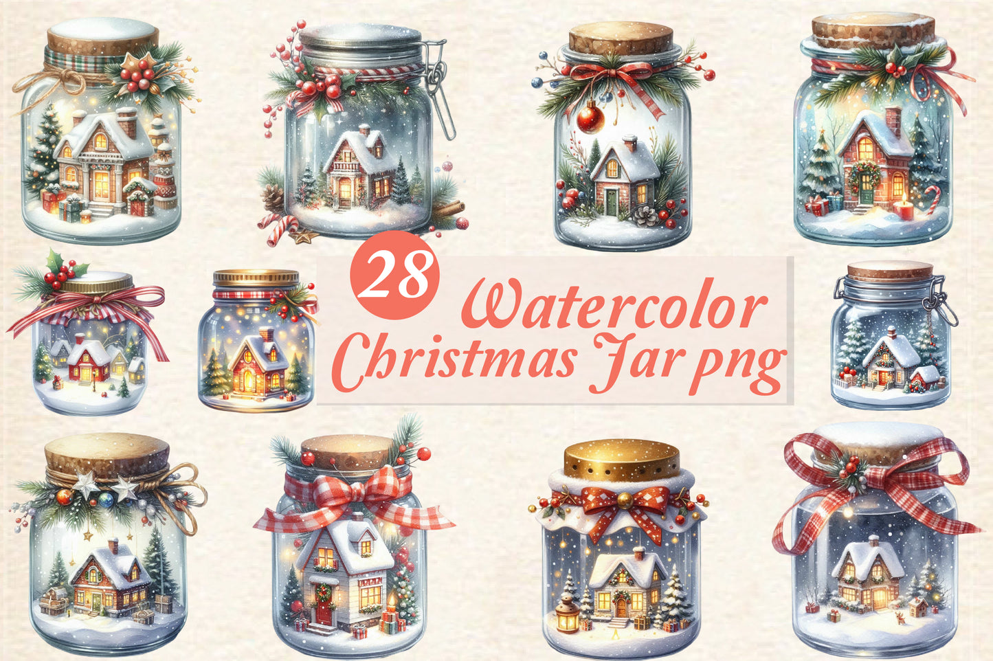 Christmas Jar PNG Bundle | Watercolor Christmas Jar, Winter Snow Globe Jar & Cozy Holiday Village Clipart