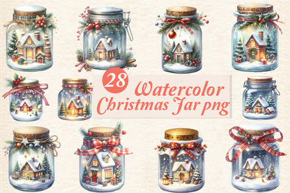 Christmas Jar PNG Bundle | Watercolor Christmas Jar, Winter Snow Globe Jar & Cozy Holiday Village Clipart