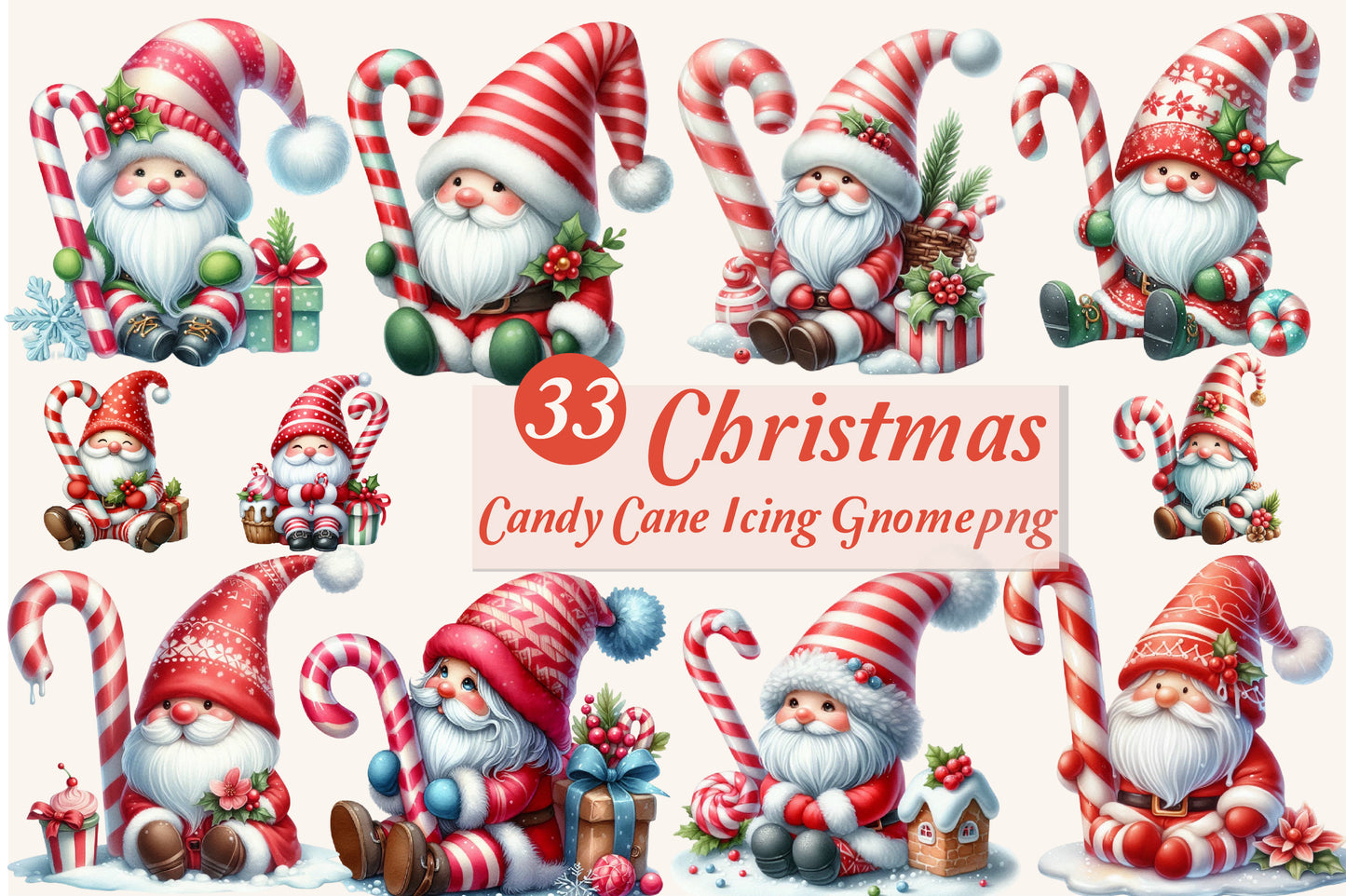 Christmas Candy Cane Icing Gnome PNG Clipart Bundle | Watercolor Christmas Gnomes with Candy Canes, Santa Hats & Holiday Decor