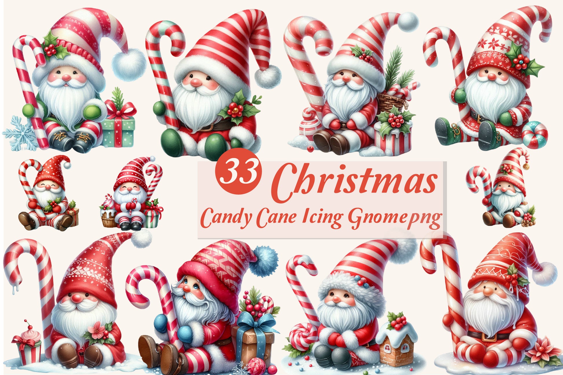 Christmas Candy Cane Icing Gnome PNG Clipart Bundle | Watercolor Christmas Gnomes with Candy Canes, Santa Hats & Holiday Decor