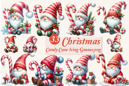 Christmas Candy Cane Icing Gnome PNG Clipart Bundle | Watercolor Christmas Gnomes with Candy Canes, Santa Hats & Holiday Decor