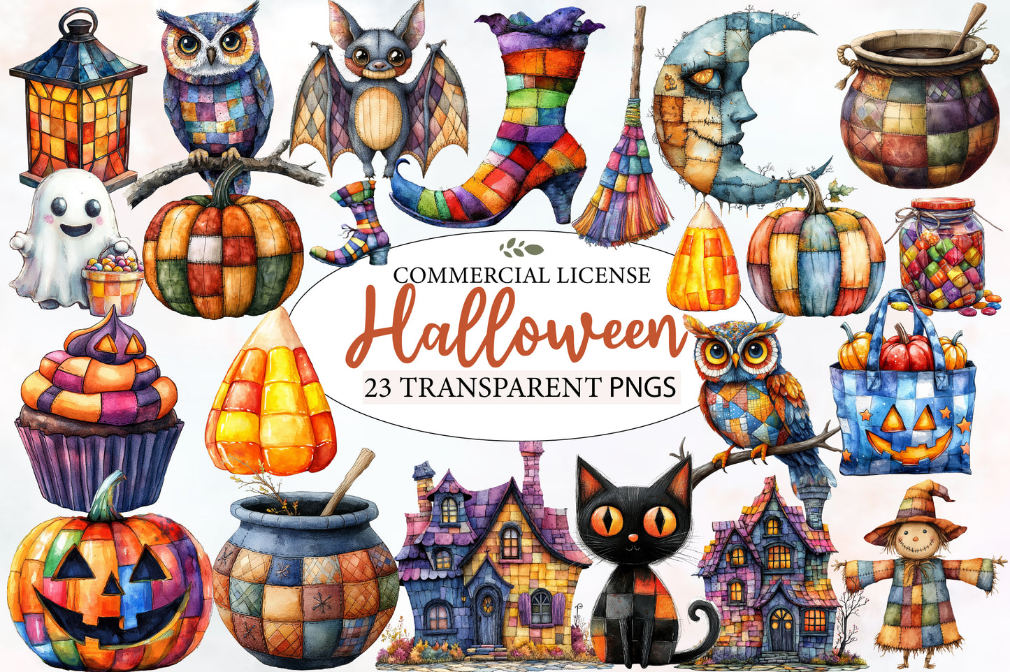 Halloween Patchwork Clipart PNG Bundle | Colorful Owl, Bat, Pumpkin, Witch & Haunted House