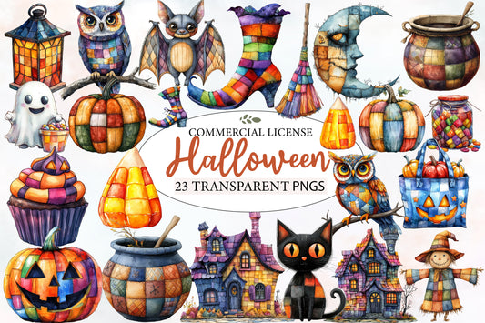 Halloween Patchwork Clipart PNG Bundle | Colorful Owl, Bat, Pumpkin, Witch & Haunted House