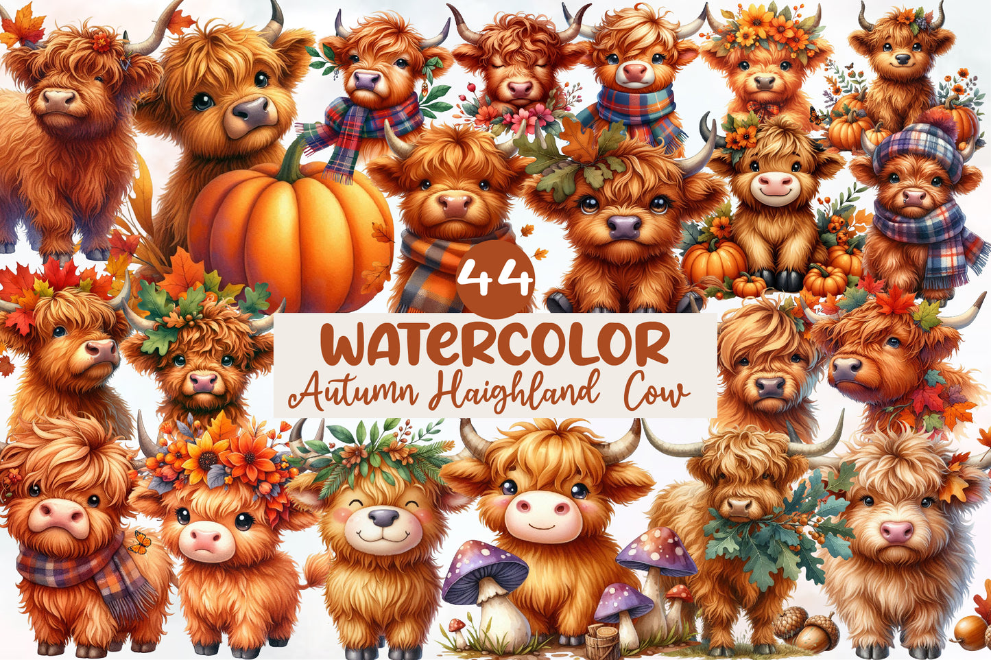 Watercolor Autumn Highland Cow Clipart PNG Bundle | Fall Highland Cow Clipart | Rustic Cow Sublimation PNG