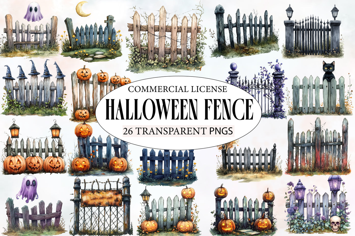 Watercolor Halloween Fence Clipart PNG Bundle | Spooky Fence, Pumpkins, Bats, Ghosts & Haunted Night Elements PNG