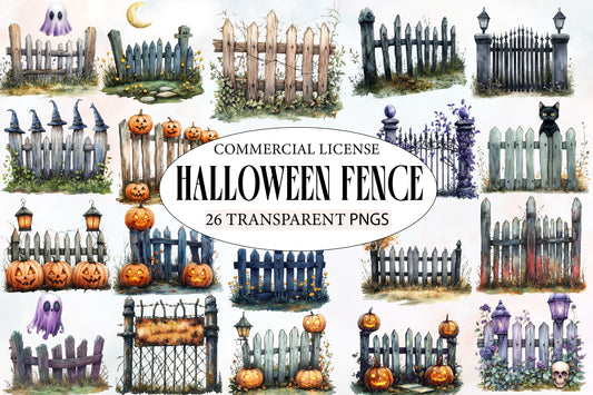 Watercolor Halloween Fence Clipart PNG Bundle | Spooky Fence, Pumpkins, Bats, Ghosts & Haunted Night Elements PNG