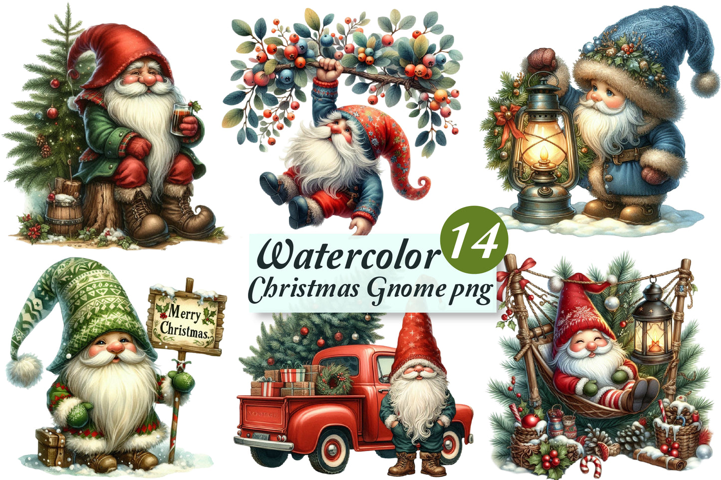 Christmas Gnome PNG Clipart Bundle | Watercolor Christmas Gnomes, Santa Gnome & Holiday Gnome Clipart