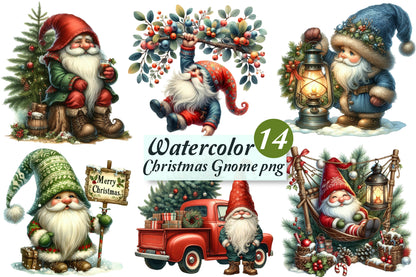 Christmas Gnome PNG Clipart Bundle | Watercolor Christmas Gnomes, Santa Gnome & Holiday Gnome Clipart